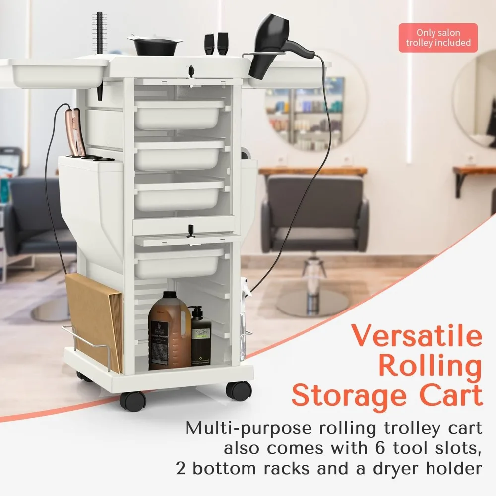 عربة ترولي صالون مع قفل، 6 صواني قابلة للقفل + 2 حامل، عربة تخزين دوارة لصالون الشعر، التجميل، محطة الحلاقة