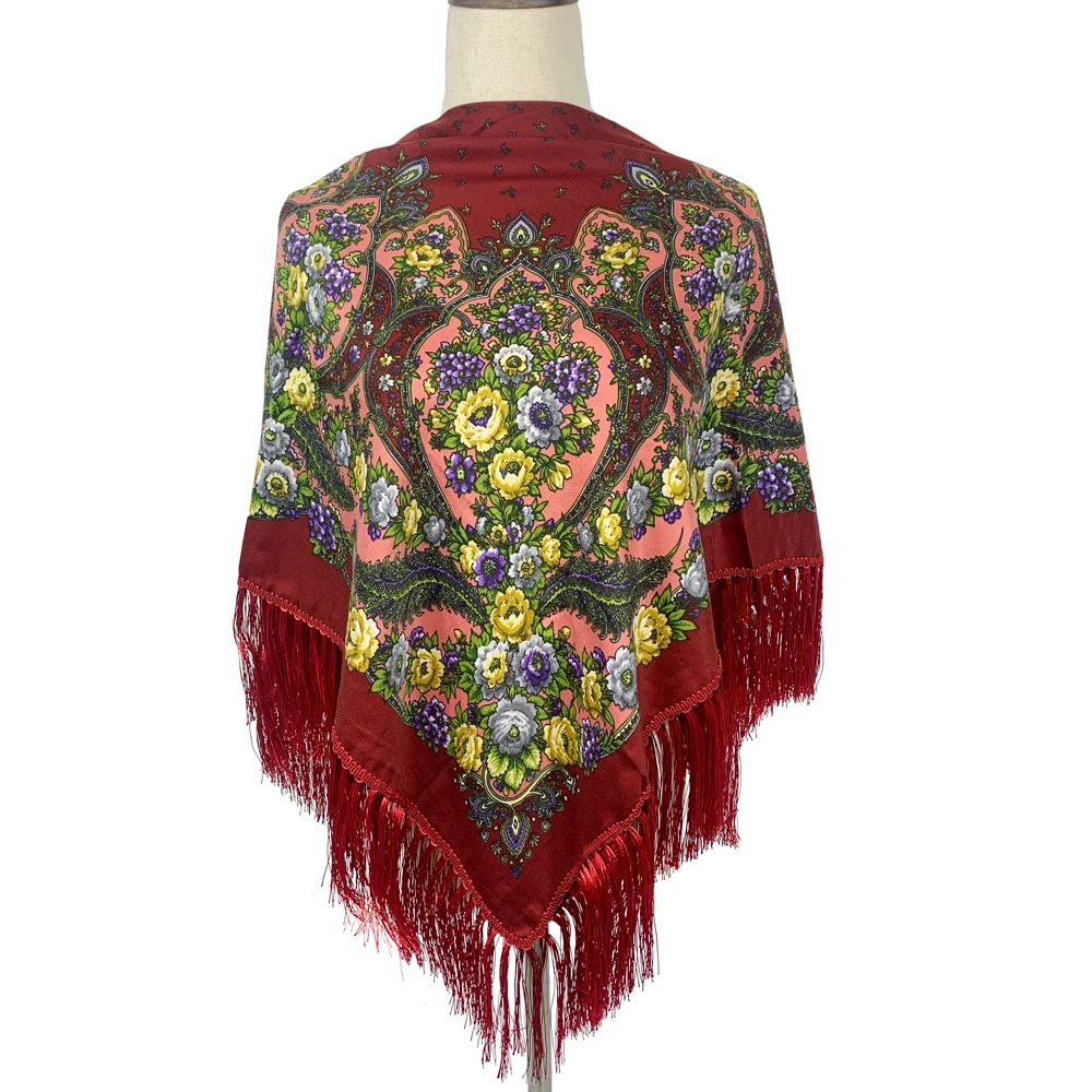 110*110cm Bohe Style Cotton Printed Square Scarf for Women Russian National Scarves Ethnic Fringed Shawl Lady Winter Blanket