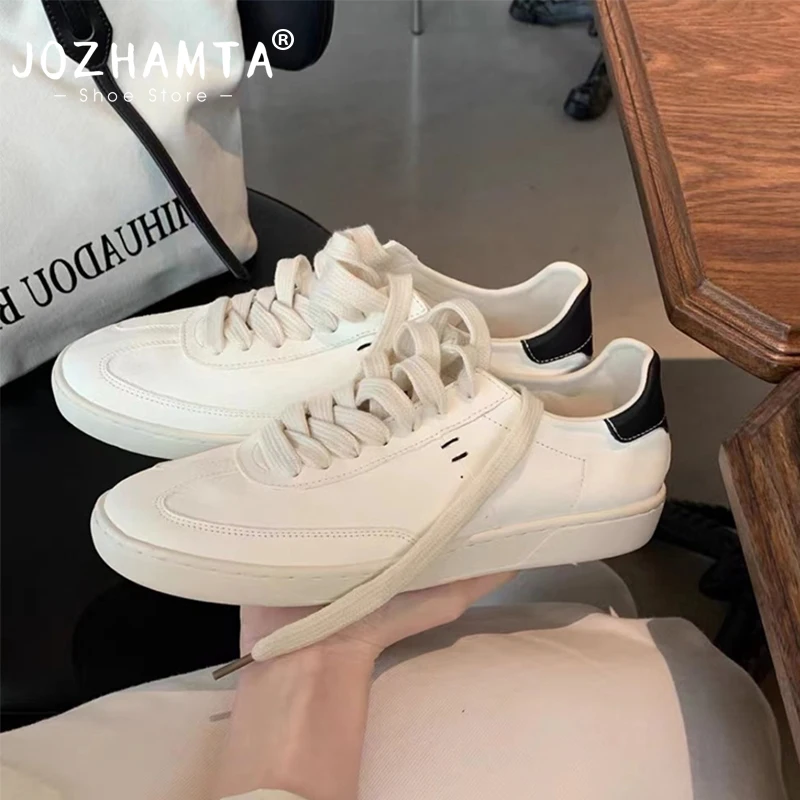 JOZHAMTA Women Flats Sneakers Casual Real Leather White Low Heel Shoes Spring Classic Round Toe Tennis Dress Athletic Size 35-40