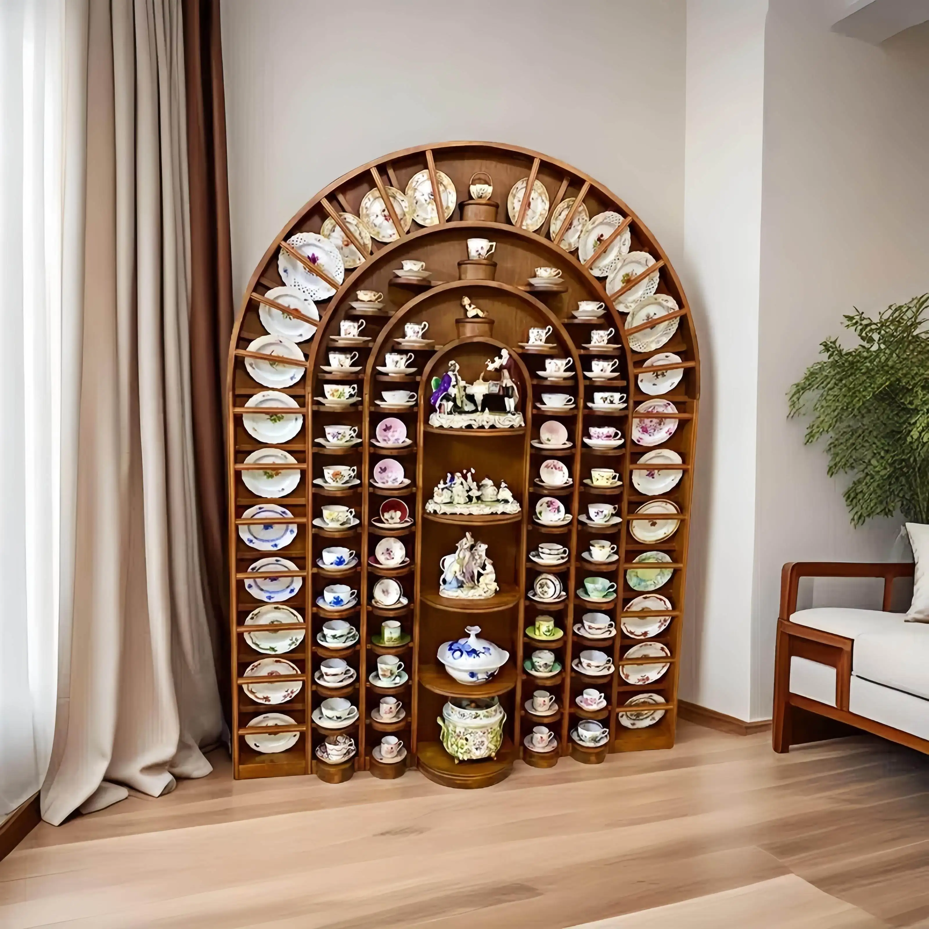 Retro solid wood display cabinet ash wood arched shelf storage cabinet side cabinet sideboard