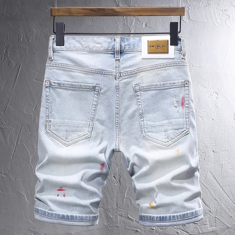 Short en jean déchiré peint en bleu clair pour hommes, short en denim imprimé, mode rétro, designer de rue, hip hop, été