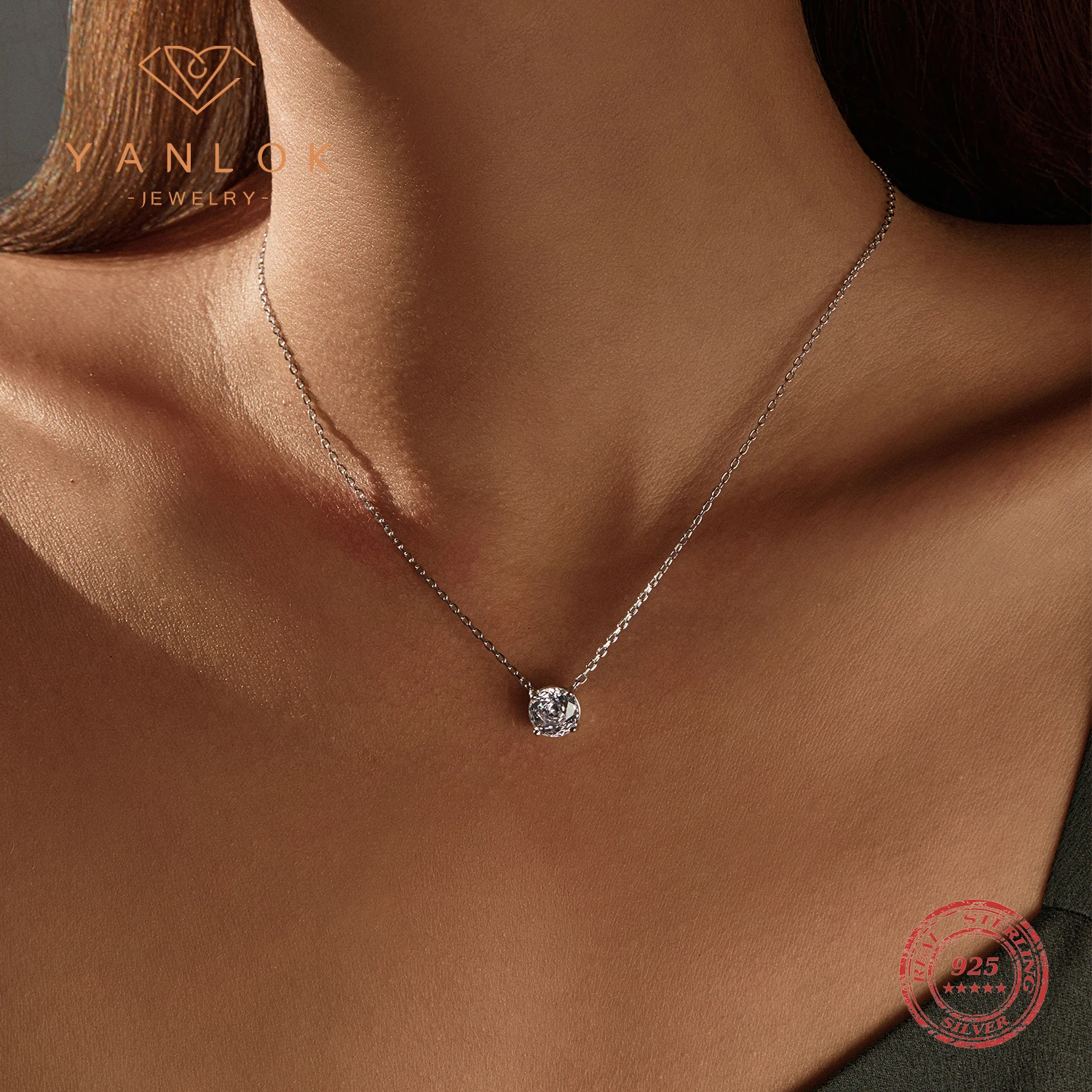 YANLOK 925 Sterling Silver Classic Minimalist Round Rose Cut Clear Cubic Zirconia Pendant Necklace For Women Fine Jewelry