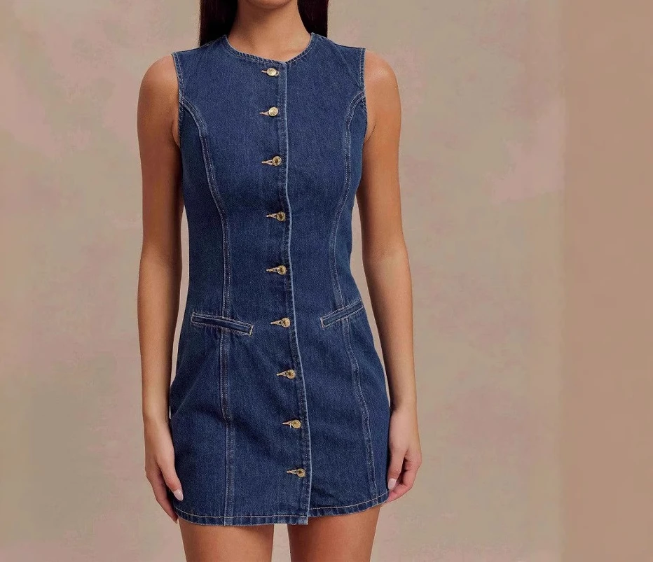 

2025 European-style Spring/Summer Fashion Casual Round-neck Sleeveless High-waist Denim Dress for Women Clothing Sexy Dress