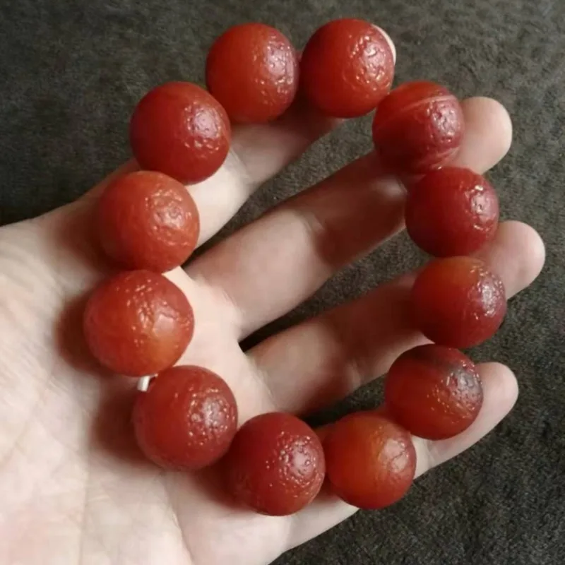 Mens Boho Mala Bracelet Vintage Matte Red Agate Round Large Weathered Surface Beaded Bracelet - view 5