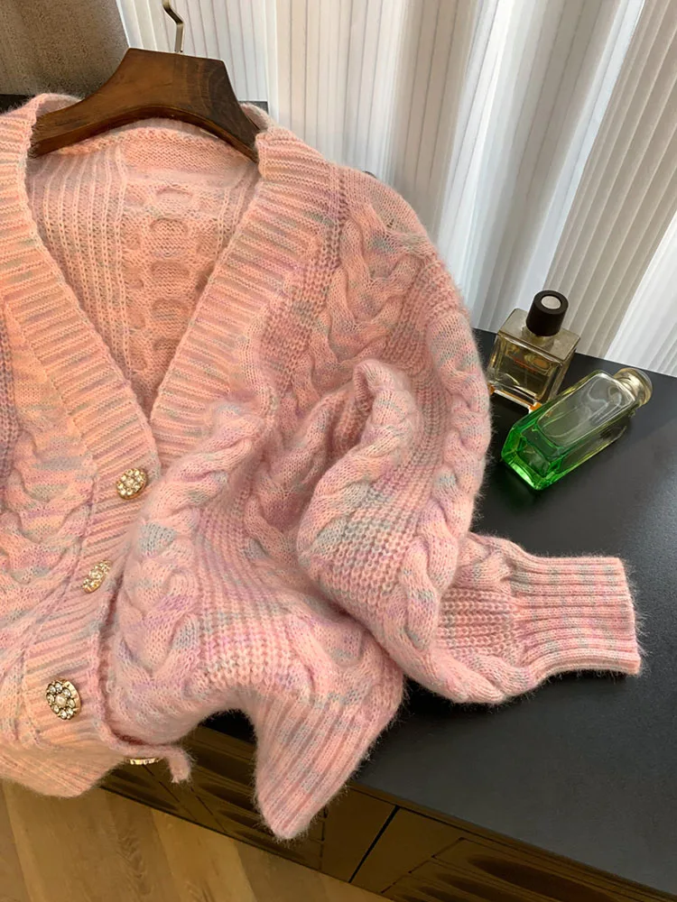 2023 Autumn Winter Pink Knitted Cardigans Sweet Sweater Japanese Preppy Style Luxury Single Breasted Harajuku Jumper Oversize