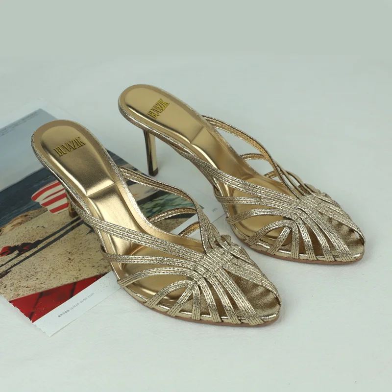 

Luxury Brand Golden Women High Heels Shoe Sexy Open Toe Crisscross Design Summer Stiletto Chic Prom Evening Party Modern Sandals