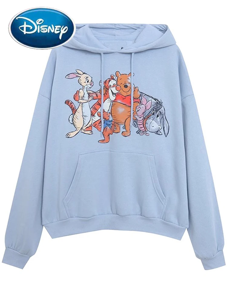 Disney Winnie the Pooh Bear Tigger Eeyore Pig Cartoon Print Sweatshirt Women Long Sleeve Pocket Hooded Fleece Jumper Casual Tops