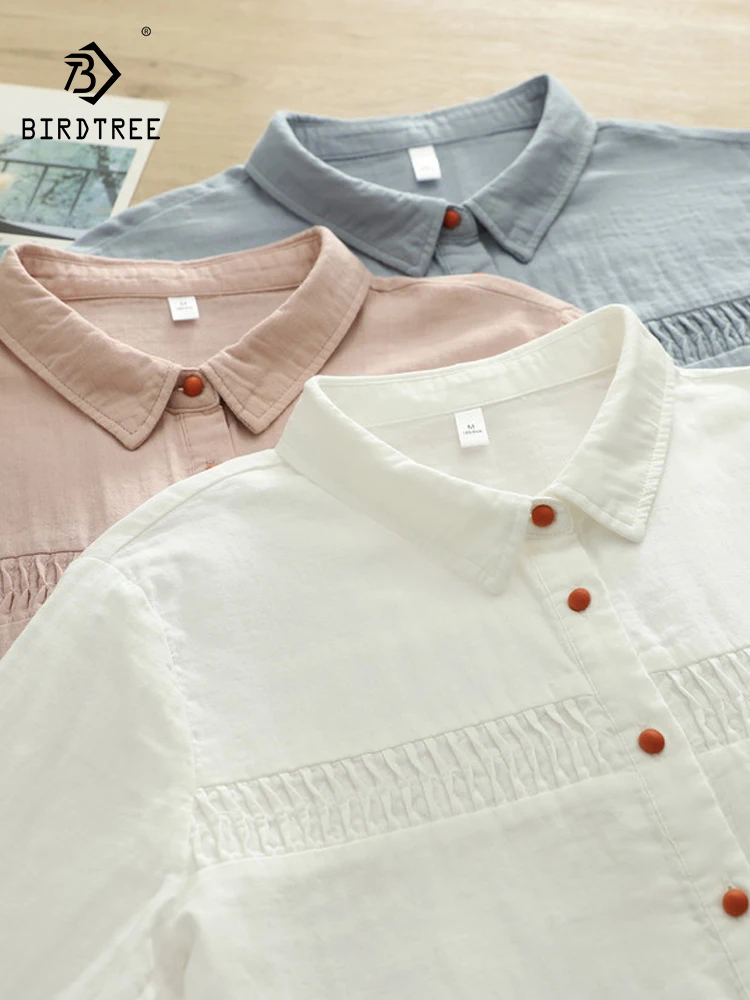 

Новая женская хлопковая рубашка с длинным рукавом на весну 2026 года, с отложным воротником и складками, в стиле Mori Girl, повседневная, дышащая, свободная блузка T61884CC