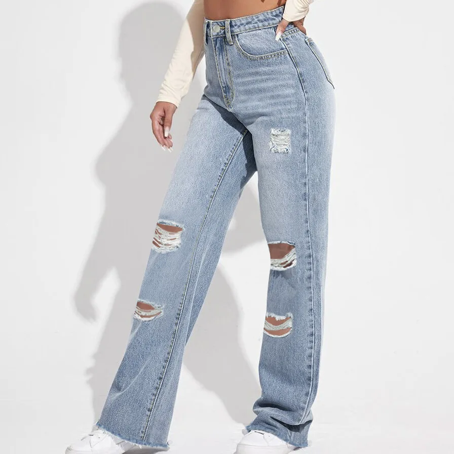 Women'S Ripped Boyfriend Jeans Draping Straight Leg Jeans Korea Ladies Stretch Hole Denim Trousers Button Pocket High Waist Pant