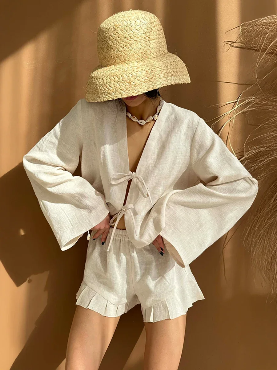 

Lace Up Long Sleeves Shorts Set Summer Womem's Solid Color Top Fashionable Loose Casual Flounce Shorts 2-Piece Set