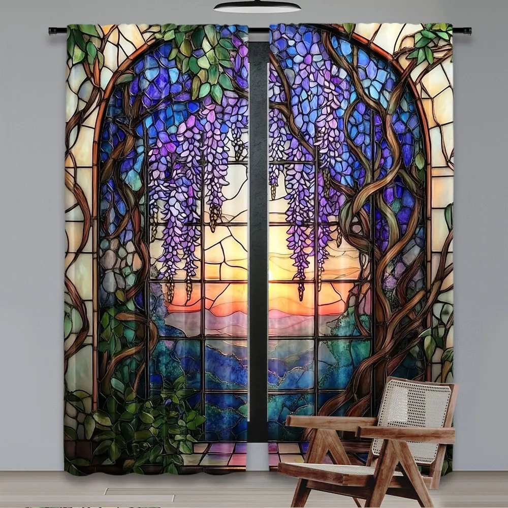2Pcs Vibrant Stained Glass Wisteria Flower Printed Curtains Beautiful Home Decor For Bedroom Bathroom Living Room Dining Room