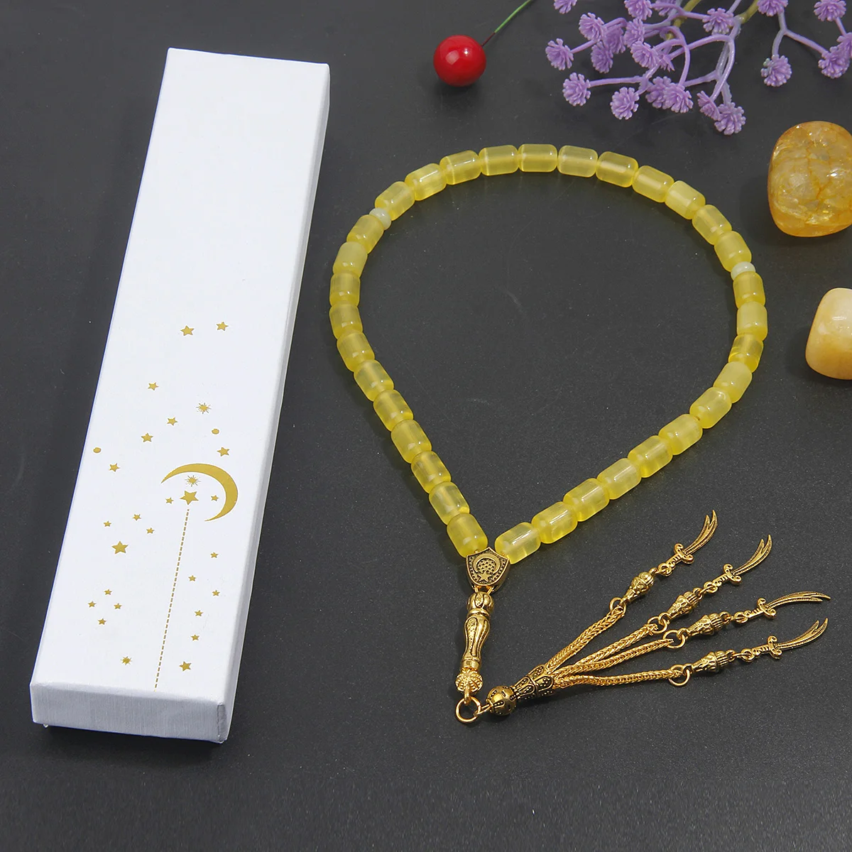 Natural Yellow Barrel Agate Tasbih Prayer Beads Gold Sword Tassel Muslim Rosary Bracelet Religious Worship Jewelry Gift