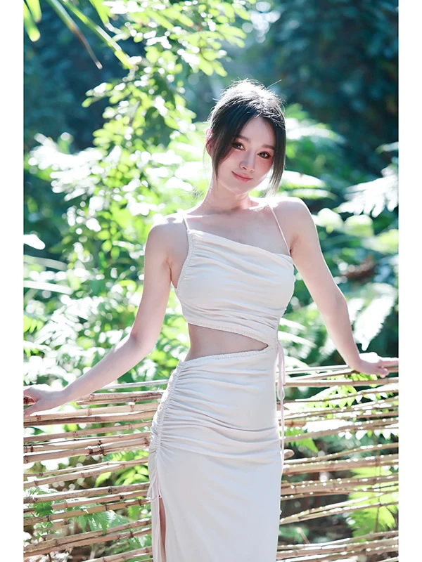 

Sexy Asymmetrical Collar Gathered Waist Dstring Strapl Hollow out High Slit Slimming Long Dr Susuchic Brand