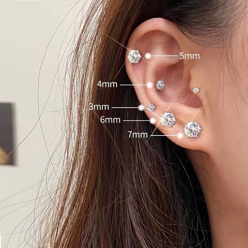 Silver Color Allergy Prevention Ear Hole Care Piercing Bone Stud Earrings 3/4/5/6/7MM Round Zircon Jewelry Accessories
