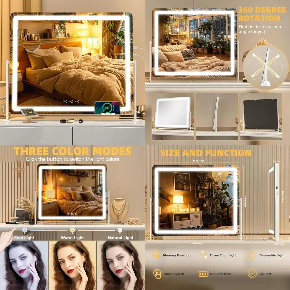 

LED Lighted Makeup Mirror, 25.6 x 22 Vanity Mirror with Touch Screen, 3-Color Adjustable Lighting, Dimmable for Desk Vanity Tabl