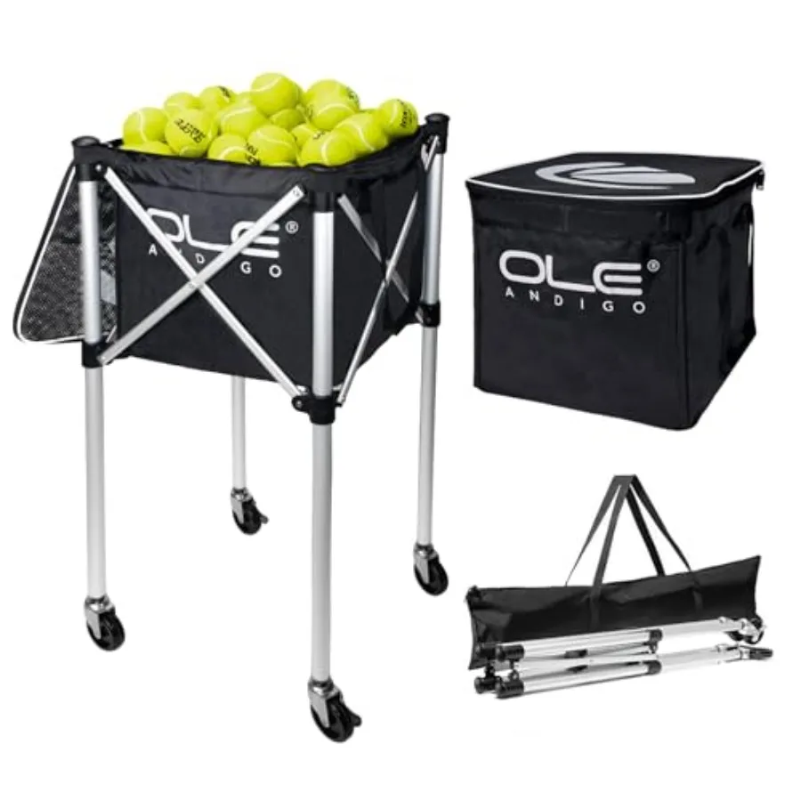 

Tennis Ball Hopper: Portable lightweight sports teaching cart with wheels polypropylene material black color holds 160 balls si