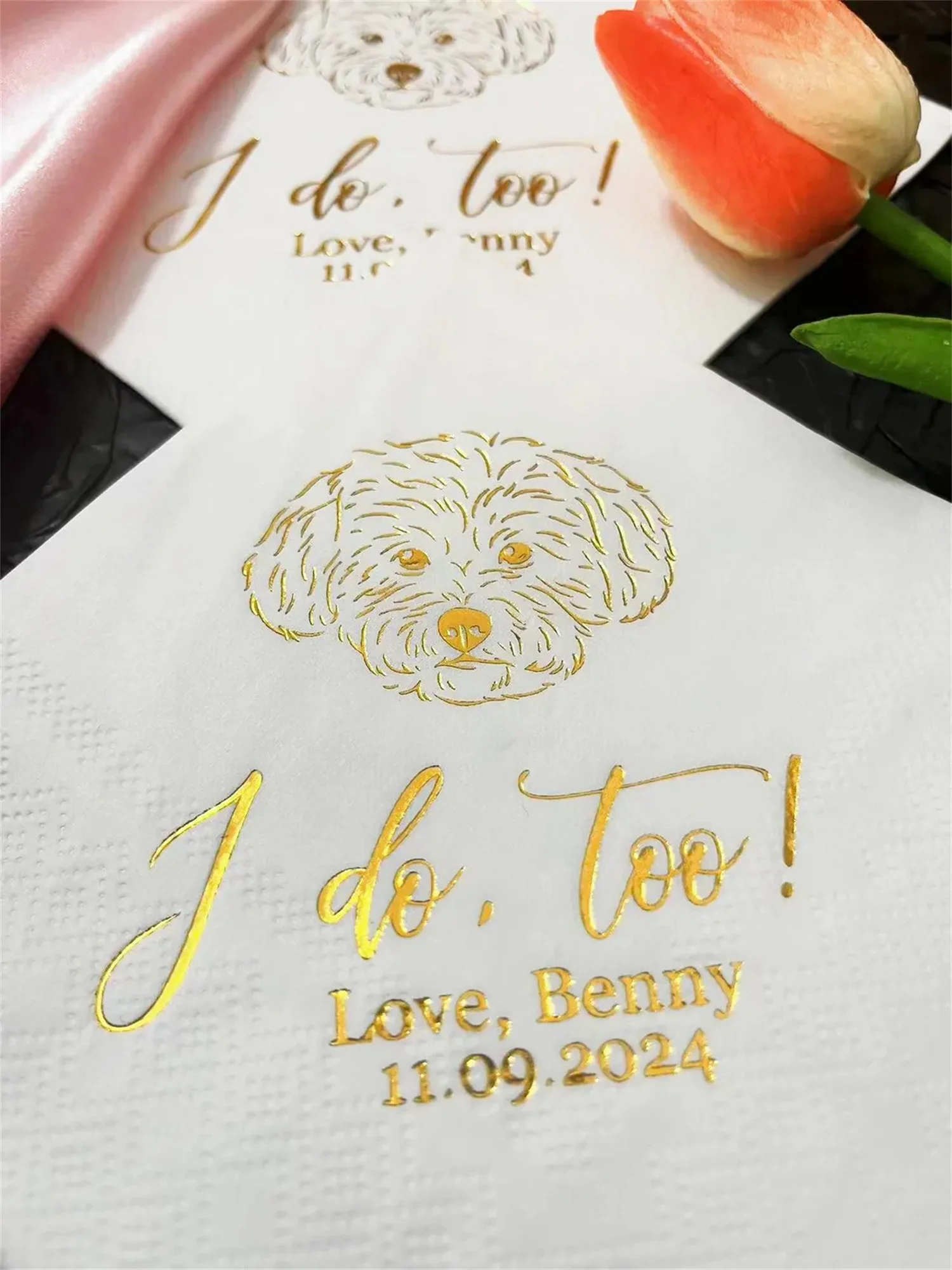 50 PCS Gold Foil Pet Cocktail Wedding Napkins,Custom Dog Cat Illustration Beverage Napkins,Personalized Gold Foil Dog Drawing, W