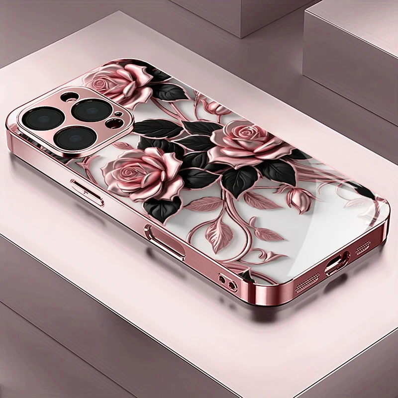 Rosa Rosenmuster Metallisches Panzerglas Handyhülle für iPhone 18 17 16 15 14 13 12 11 Pro Max 15 14 Plus 17 Air 17E Hülle – Detail 6