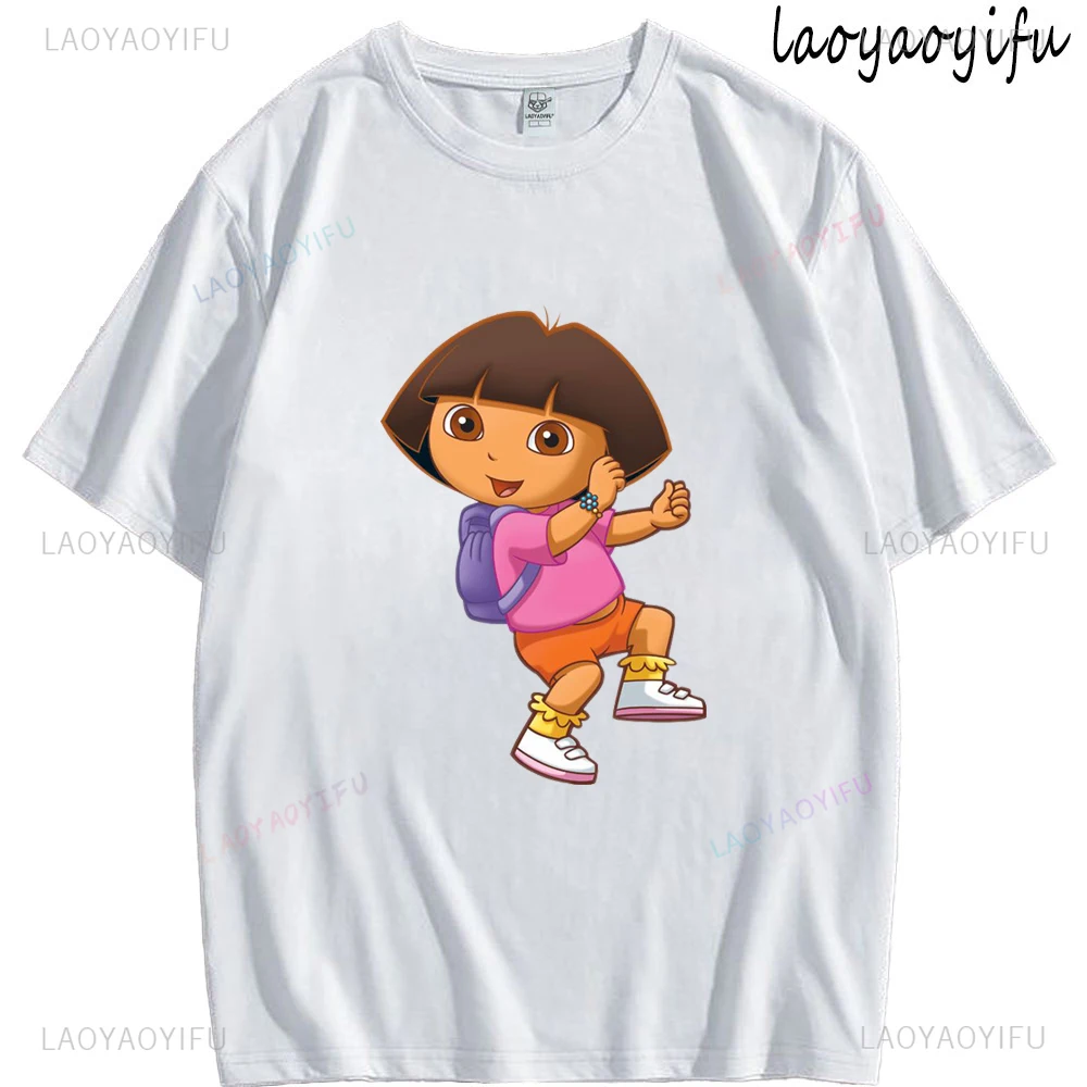 Fun DORA Explorer monogram print Kawaii T-shirt Summer short sleeved everyday cute street wear for men and women