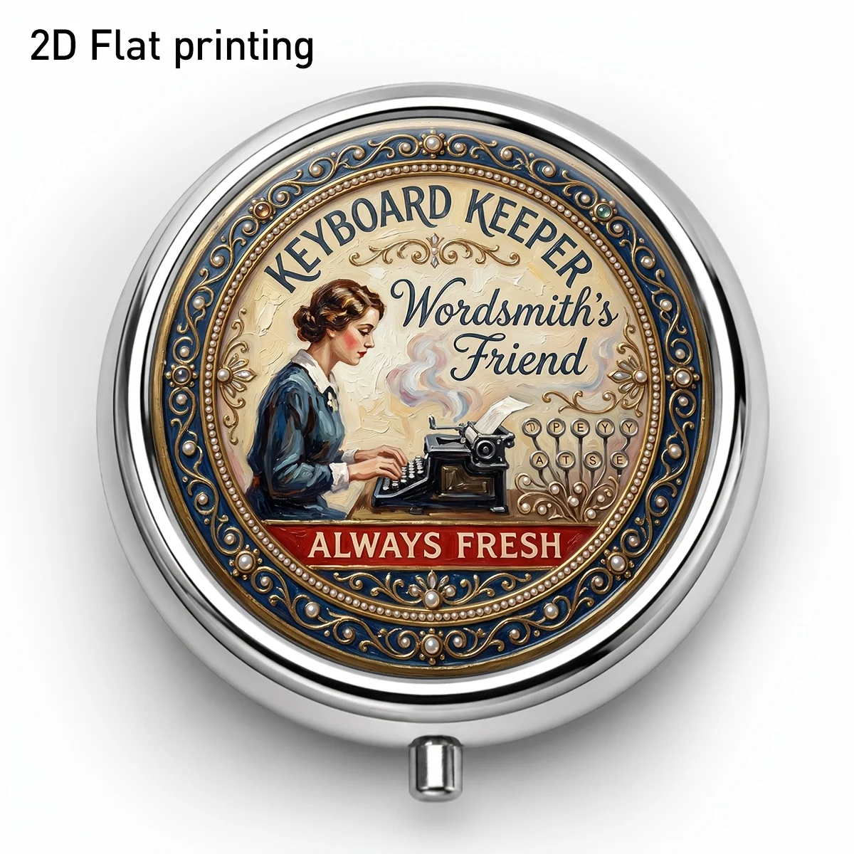 1Pc, Flat Printing Nostalgic Typist Girl and Letter Pattern Round Small Pill Box, American Vintage Style Three-Compartment Portable Storage Case Pocket-Sized Medicine and Vitamin Organizer for Easy Carrying, Convenient for Storage, a Must-Have