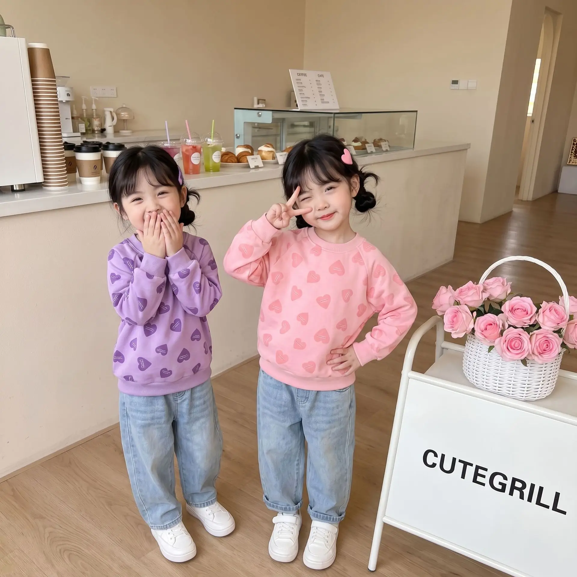 Fall New Girls All Over Print Loose Sweatshirt Medium Small Korean Cute Long Sleeve Nice Versatile Casual Top Trendy