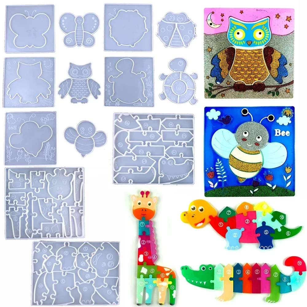 DIY Animal Puzzle Shaped Silicone Mold Dinosaur Crocodile Giraffe Puzzles Epoxy Resin Mold for Kids Educational Jigsaw Game Toy