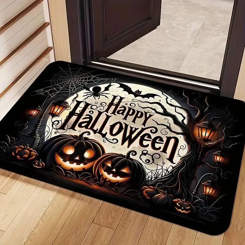 VIKAMA Happy Halloween Pumpkin Bat Doormat Non Slip Entrance Floor Mat Spider Web Front Door Holiday Home Decor Rug