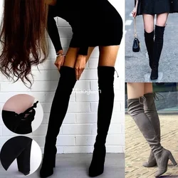 Botas largas por encima de la rodilla para mujer, zapatos de tacón alto Sexy de gamuza con cordones, cálidos, ajustados hasta el muslo, para fiesta, Otoño e Invierno