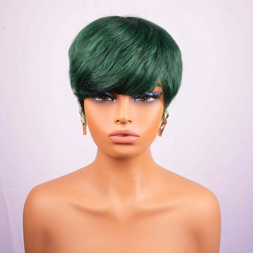 شعر مستعار بقص عابث مع غرة، شعر بشري ريمي قصير مستقيم، شعر مستعار أخضر للنساء، شعر مستعار بأسعار معقولة