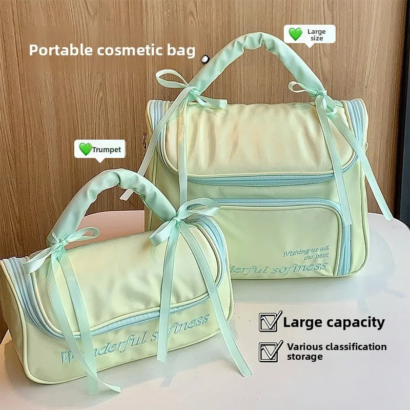 Korean INS portable cosmetic bag high value cute storage bag bow ballet style sweet travel toilet bag