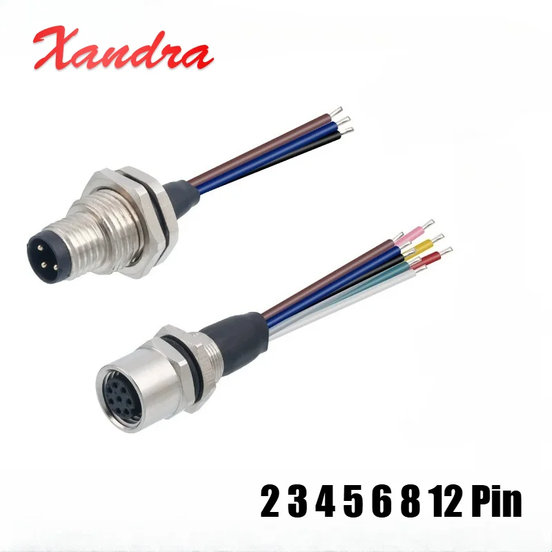 Waterproof M12 Panel Front/Rrear Scoket Line 2 3P 4P 5P 6 8 12 Pin Connector Cable IP67 Thread M12/M16/PG9 Socket with 30CM Wire