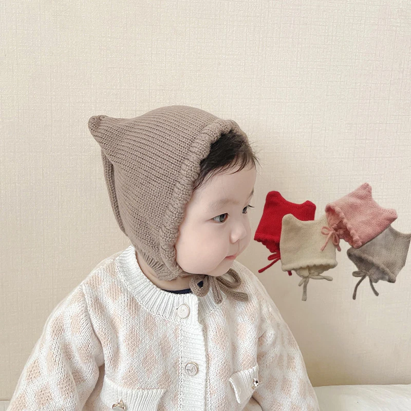 

4-12Month Baby Ear Protection Cap Winter Warm Knitted Pullover Hat Solid Color Woolen Crochet Bonnet Cute Toddler Lace-up Beanie