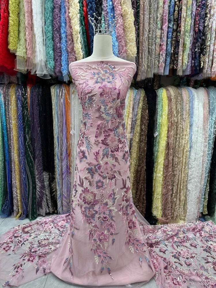 

2026 Elegant African Nigerian Fashion Beaded Lace High-end Luxury French Sequins Mesh Lace Fabric Women's Evening Dresses