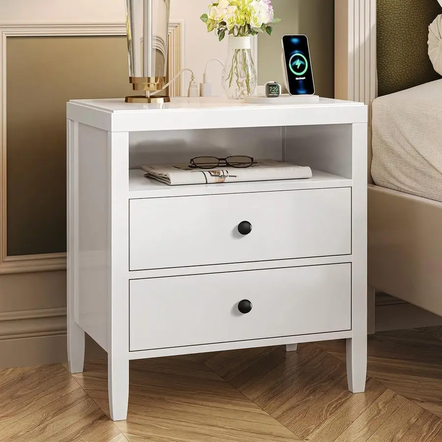 Nightstand with Charging Station, White Nightstand with 2 Drawers, Bed Side Table for Bedroom, Bedside Table with Storage, Moder