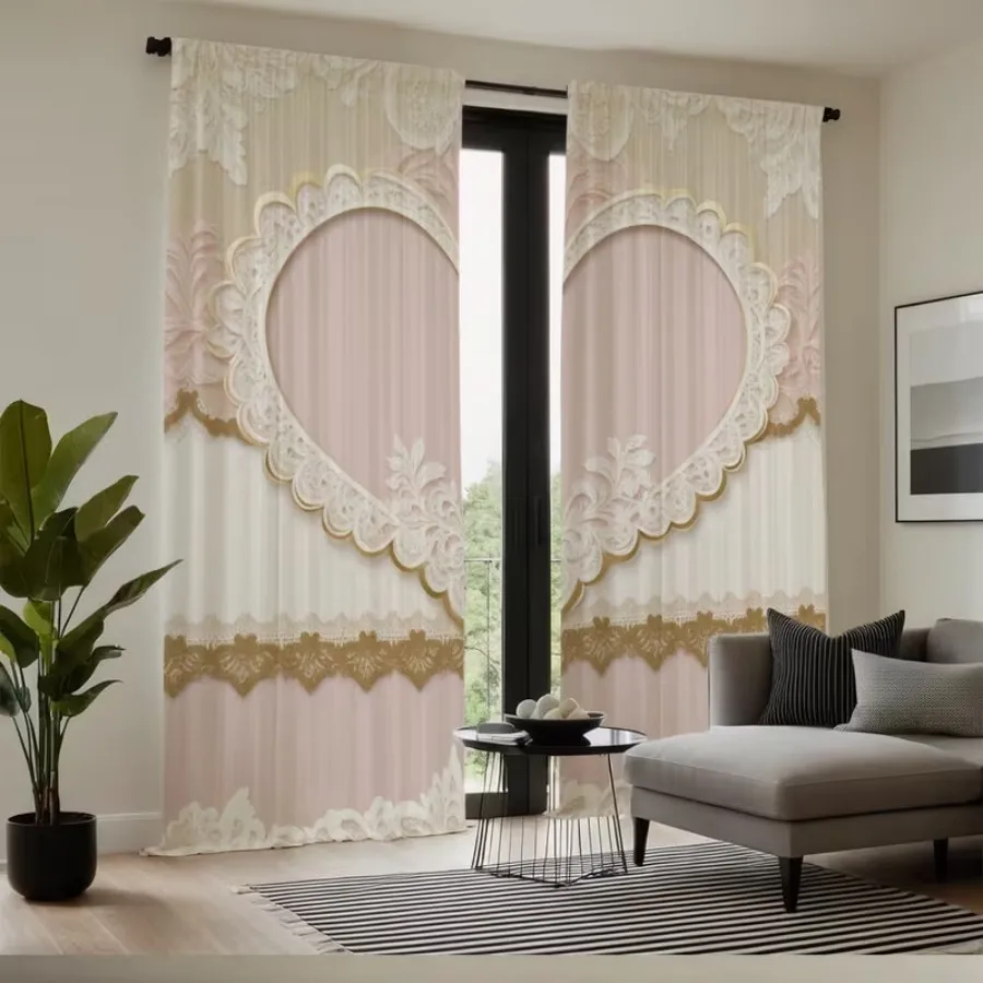 2 PCS Lace Pink Heart Curtains, Sweet Lace Style Window Drapes for Living Room Bedroom Home Decor Polyester Rod Pocket Design