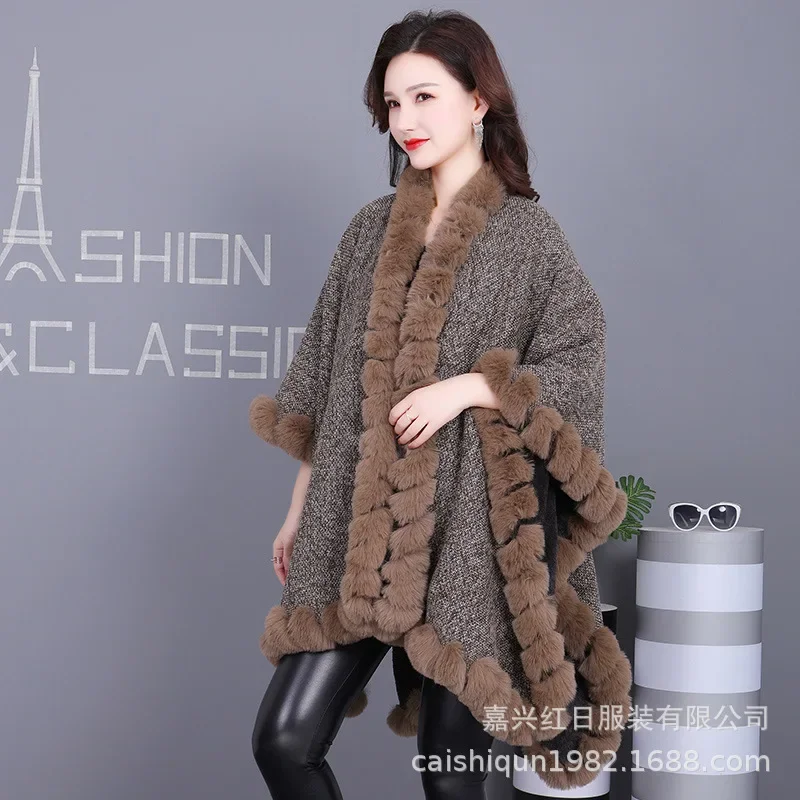 Women Winter Thick Shawl String Faux Fur Open Stitch Loose Poncho Big Pendulum Capes Cloak Black Coat With Velvet Lining Warm