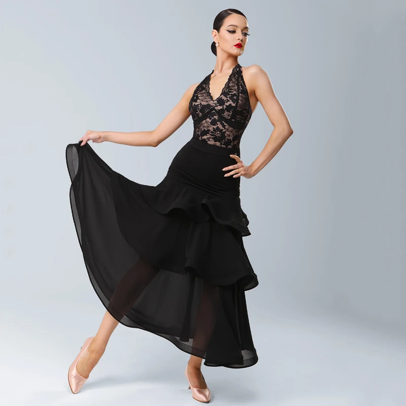 Waltz Ballroom Dance Professional Dresses Sexy Halter Lace Top Cake Skirt Women\'S Latin Dance Competition Costumes SL10682