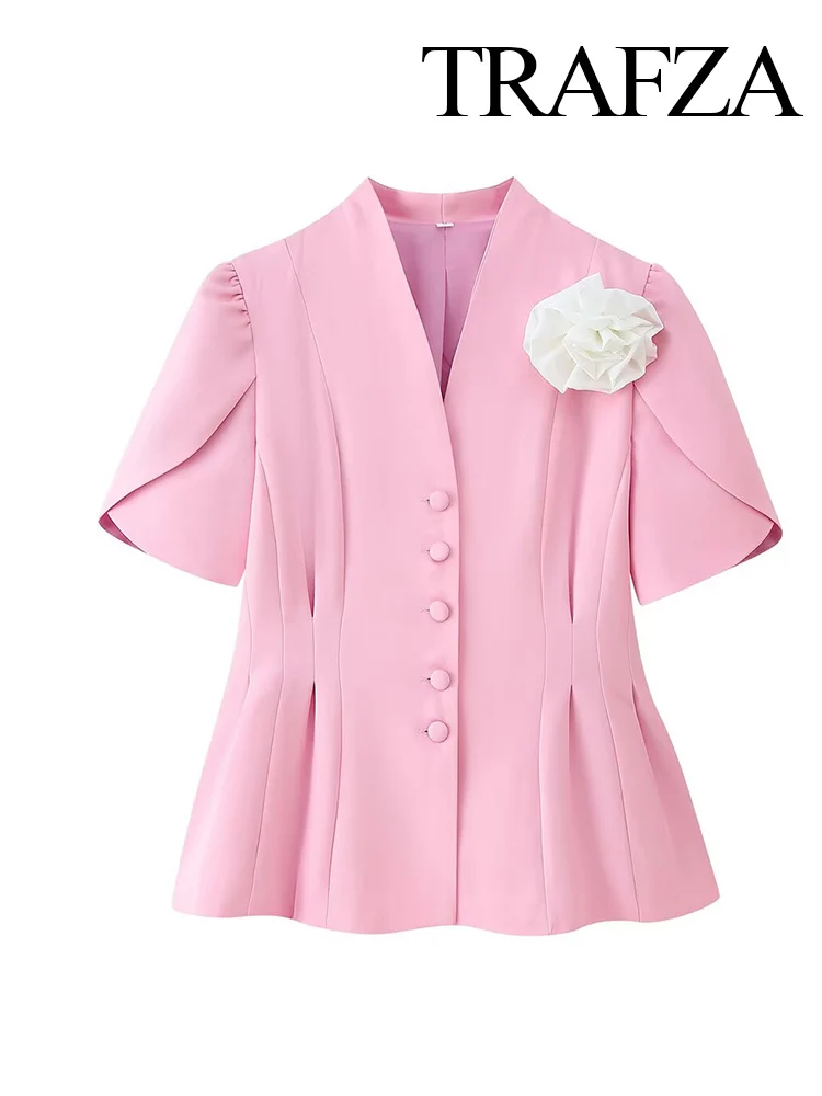 HH Women Autumn Fashion V-neck Single-breasted Short Sleeves Blazer Top Female Temperament Pleated 3D Flower 2-Color Jacket