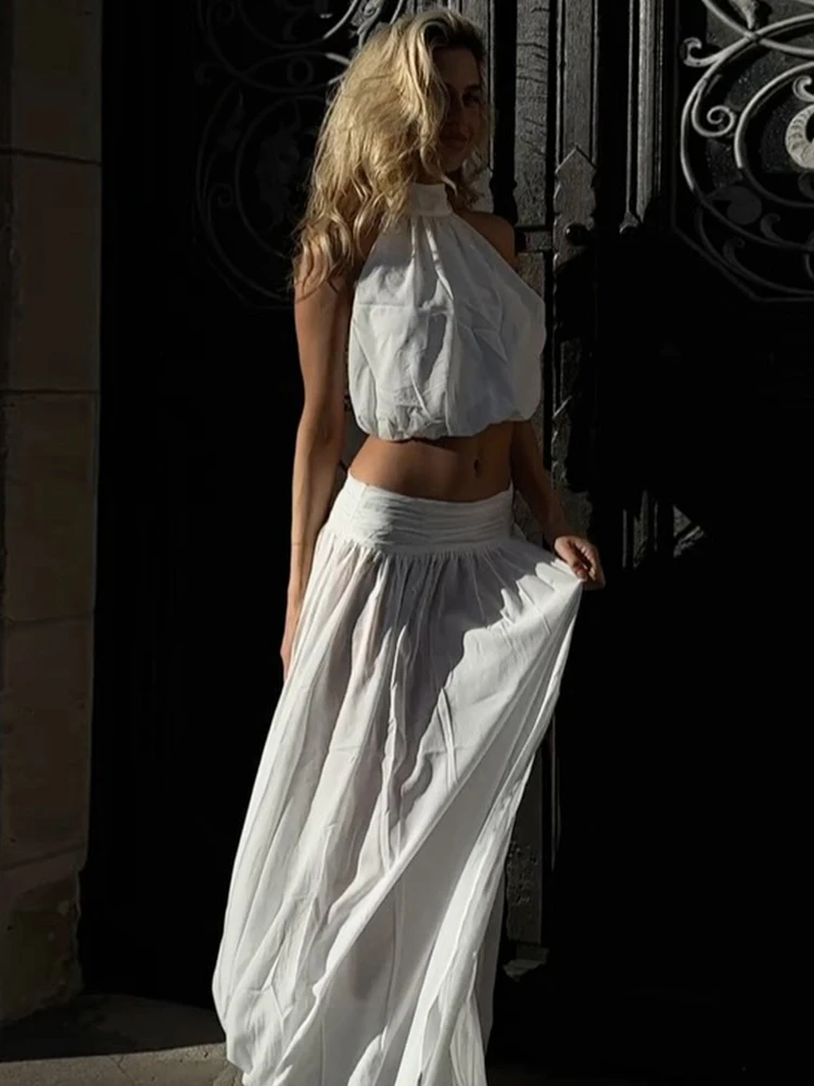 

Kliou Ruched Elegant 2 Piece Set Woman Bandage Halter Backless Navel Exposed Tank Tops+A-Line Long Skirts Street Y2K Style Suits