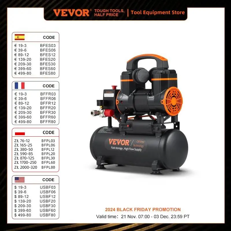 VEVOR Silent Air Compressor 900W 1450W 1800W Quiet Oil-free Portable Air Pump for Home Repair Tire Inflation Whisper Compressor