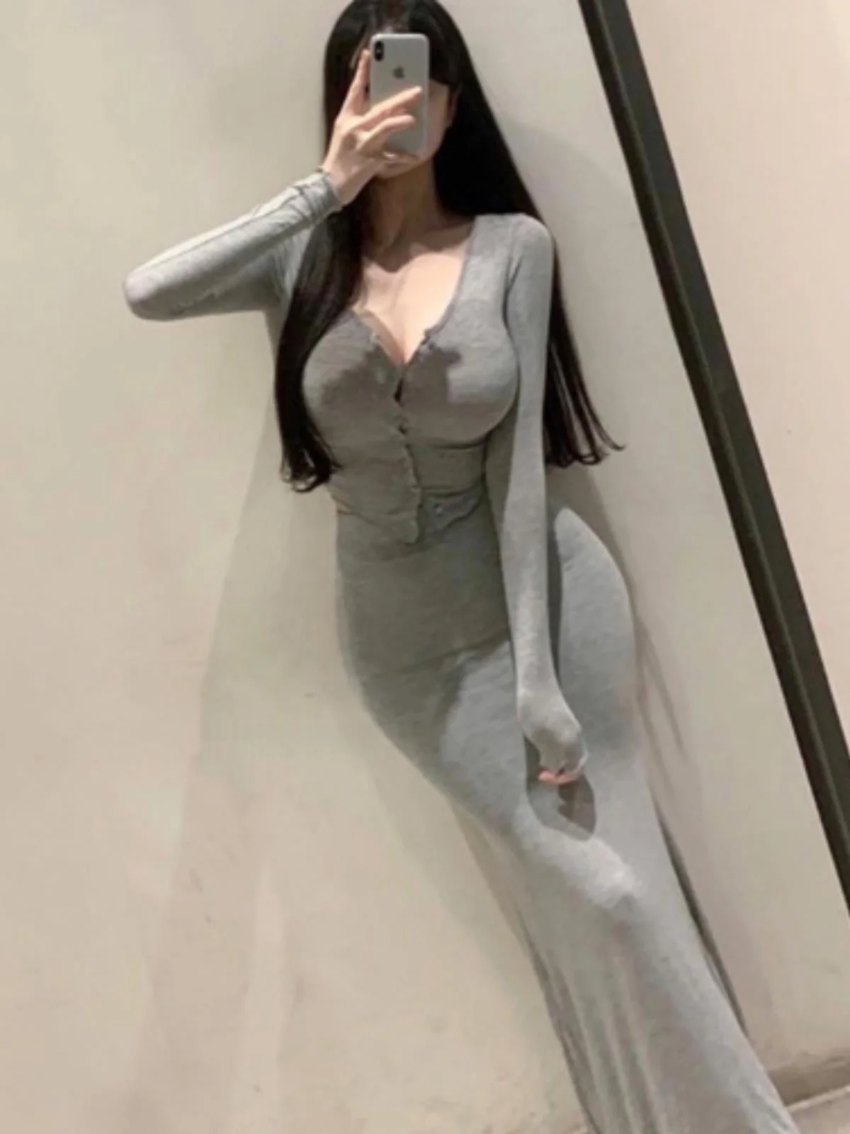 Women\'s Long Sleeve T-Shirt And Fish Tail Skirt Set GT013 51STUDIO Show Chest Open Cardigan Long Style Fashion Ensemble