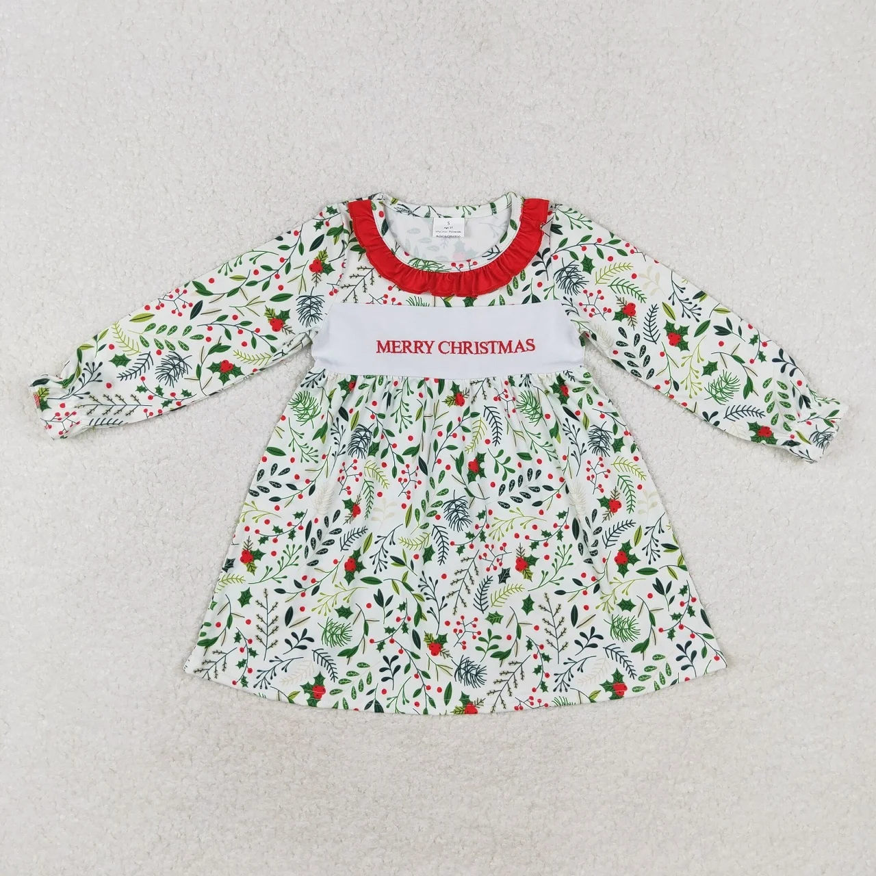 Wholesale Infant Toddler Christmas Embroidery One Piece Kids Children Knee Length  Baby Girl Ruffle Twirl Dress Clothing