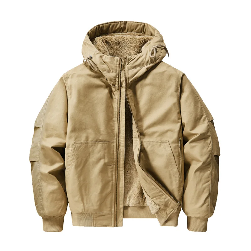 سترة رجالي سميكة من القطن شتوية دافئة مبطنة بالمخمل ملابس عمل قصيرة بقلنسوة مقاس كبير كاجوال