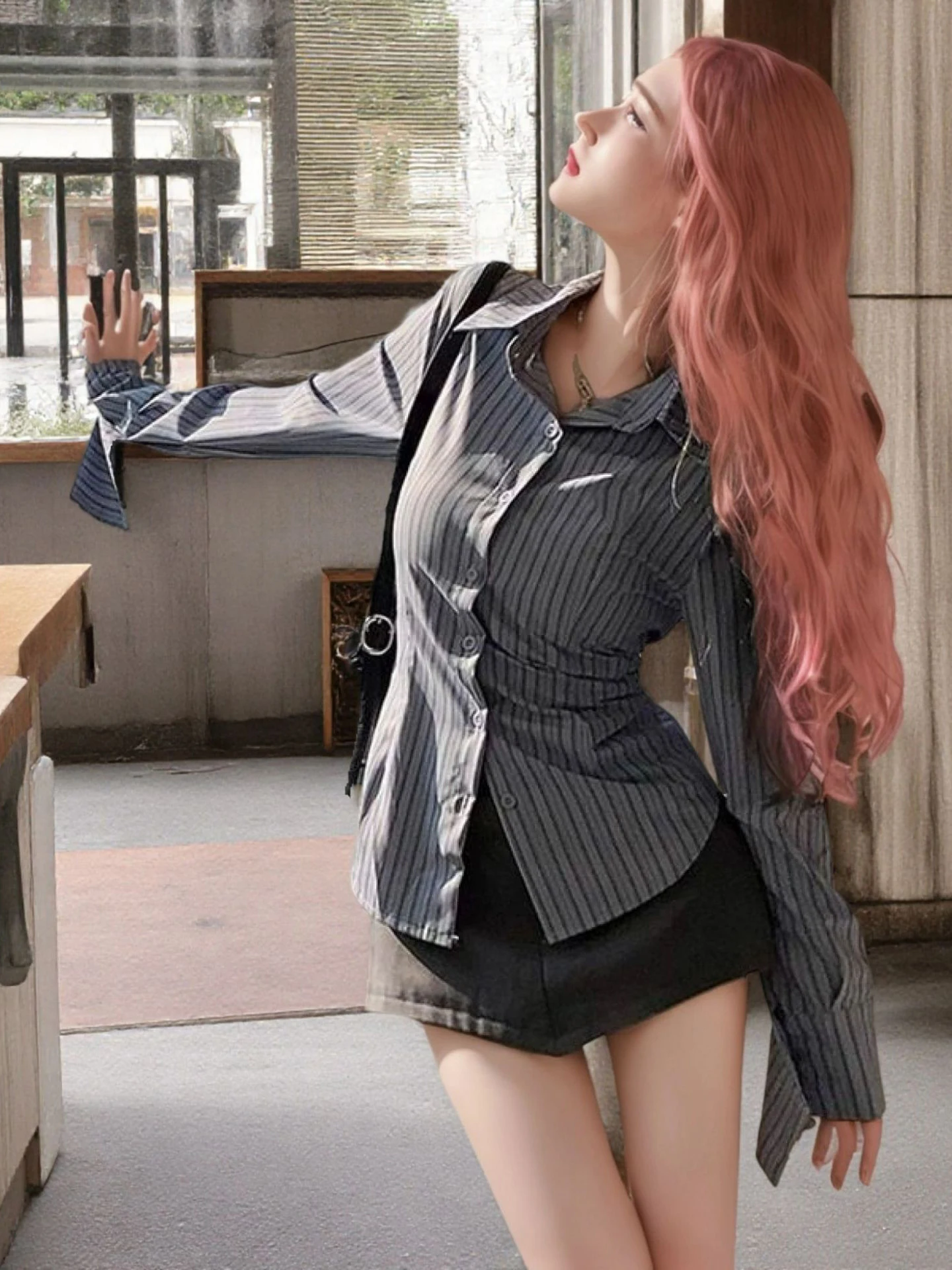 سليم صالح الأزرق مخطط irt المرأة أوائل الخريف جديد Sle ort طوق زر حتى الكورية Sle تخفيف الرياح Faionable