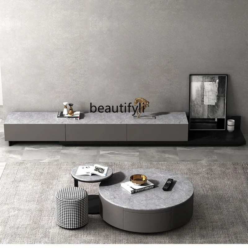 

Nordic Modern Italian Minimalist Stone Plate round Tea Table TV Cabinet Unit Light Luxury and Simplicity Small Apartment