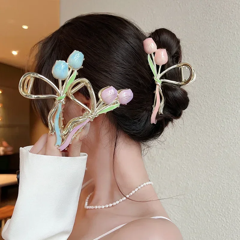 High End Minimalist Tulip Shaped Grab Clip 2024 Exquisite Women\'s Hair Accessories Fashionable and Beautiful Metal Shark Clip