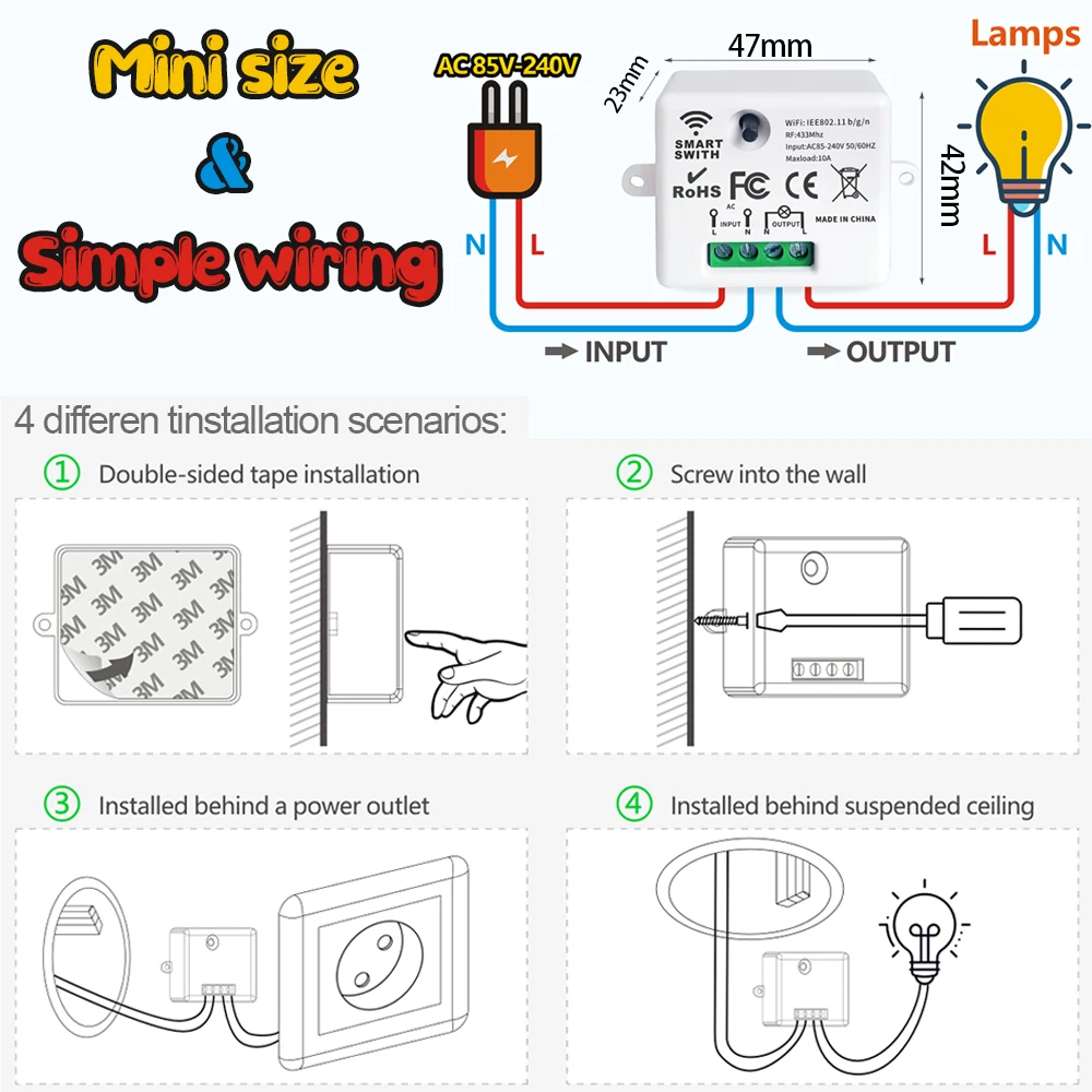 433 MHz Wireless Remote Control AC110V 220V 10A 1CH Relay Receiver and Push Button Transmitter for LED Light Lamp Fan Controller