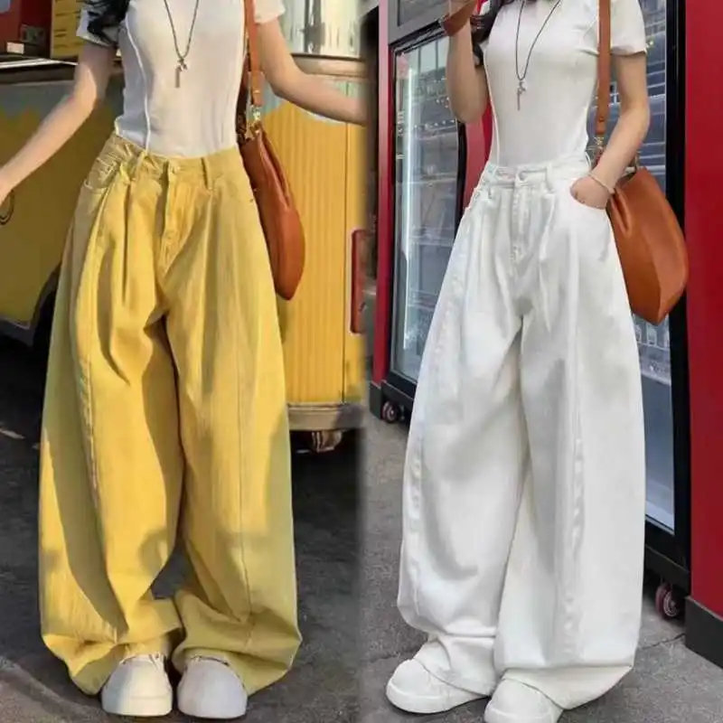 

2026 Spring Summer Women's American Streetwear Washed Jeans Loose Wide Leg Denim Pants High Waisted Vintage Casual Trousers