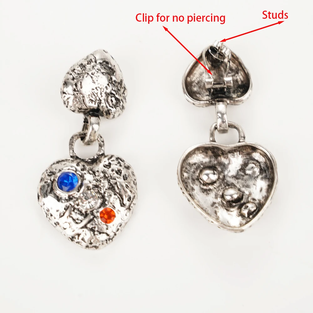 Wealthyboo Metal Heart Earrings Antique Silver for Aging Rhinestones Jewelry Woman Coquette Stainless Steel Free Shipping Items