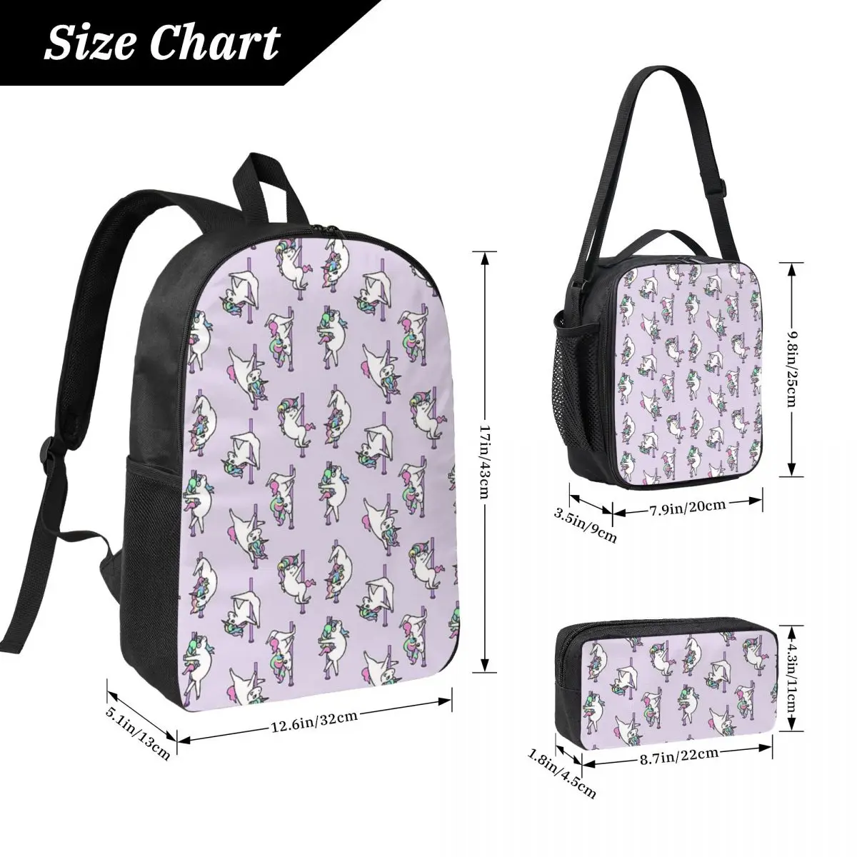 Unicorn Pole Dancing Club Backpack Boys Girls BookBag School Bag Computer Shoulder Bags 3ps Insulated Lunch Bag Pencil Case